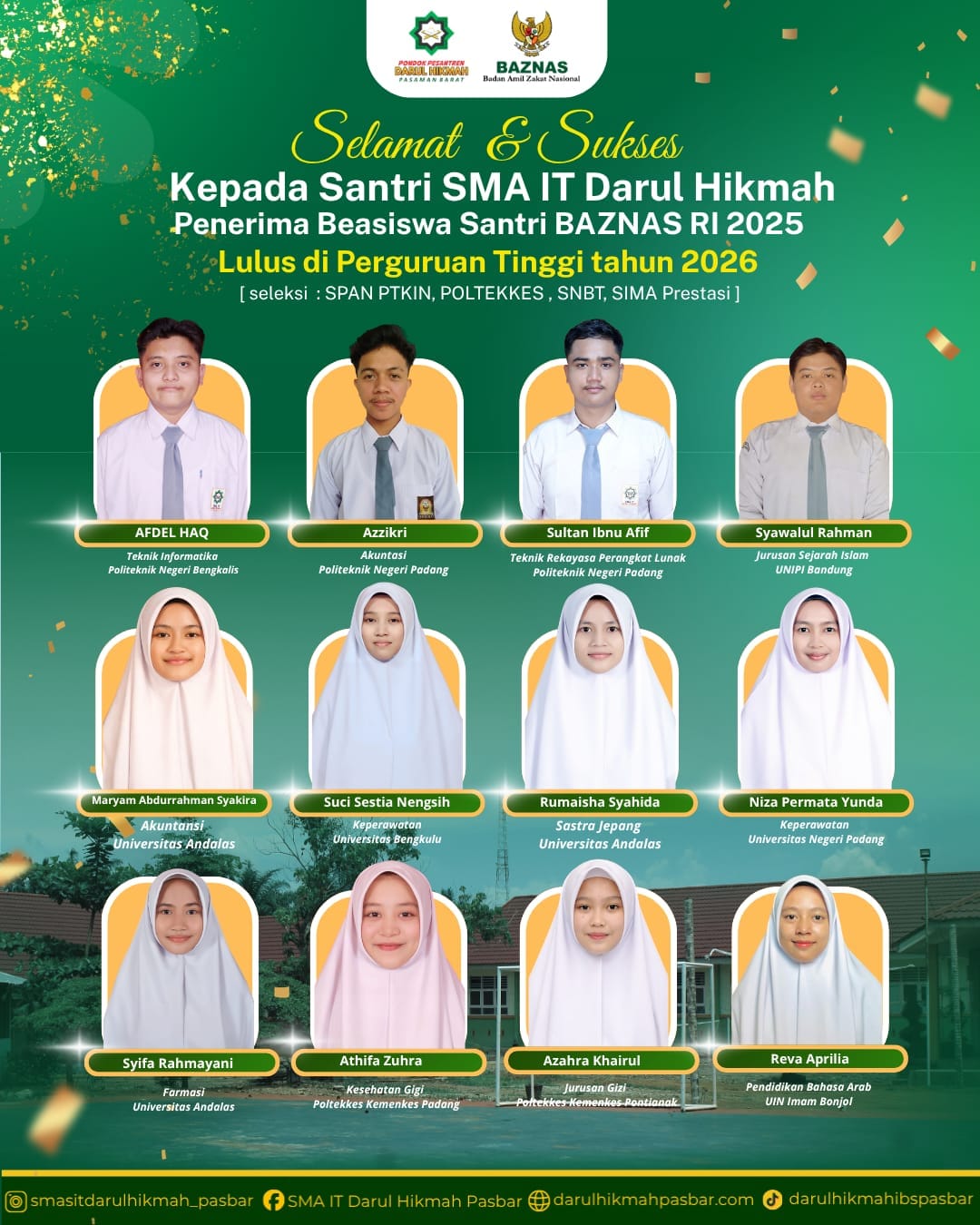 Santri SMA IT Darul Hikmah Pasbar Penerima Beasiswa Baznas RI Berhasil Lulus – Diterima di Berbagai Perguruan Tinggi Ternama di Sumatera- Jawa